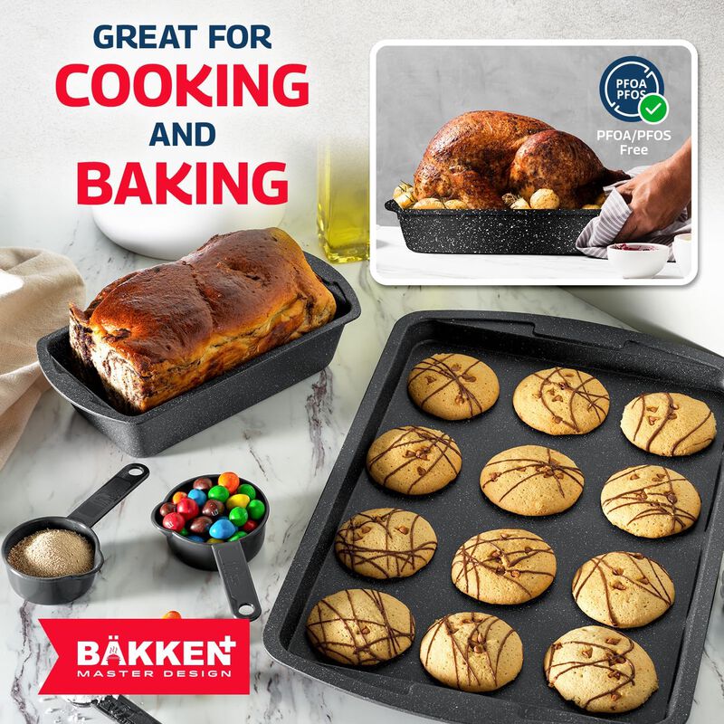 Bakken Master 38 Piece Granite Cookware and Bakeware Set – Nonstick Granite Coating, Pots and Pans with Detachable Handles and Tempered Glass Lids, 6-piece Bakeware set, 12-piece Mixing Bowls