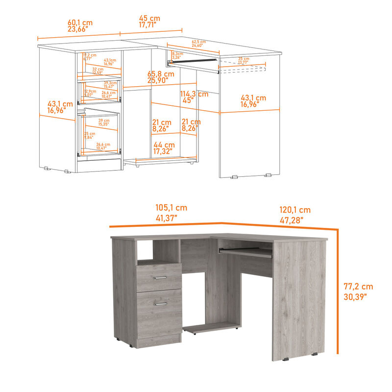 Glendale 2-Drawer 1-Shelf L-Shaped Computer Desk Light