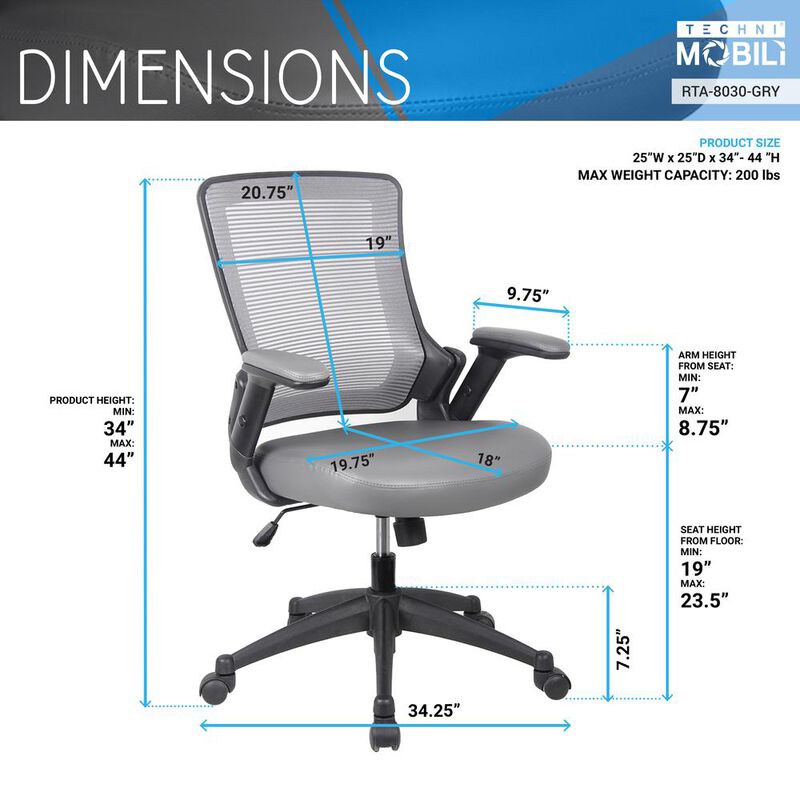 Techni Mobili Mid-Back Mesh Task Office Chair with Flip Up Arms. Color: Gray