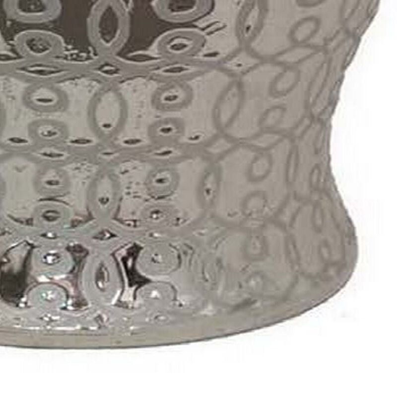 25 Inch Temple Jar, Ceramic Construction, Removable Lid, Silver Finish - Benzara