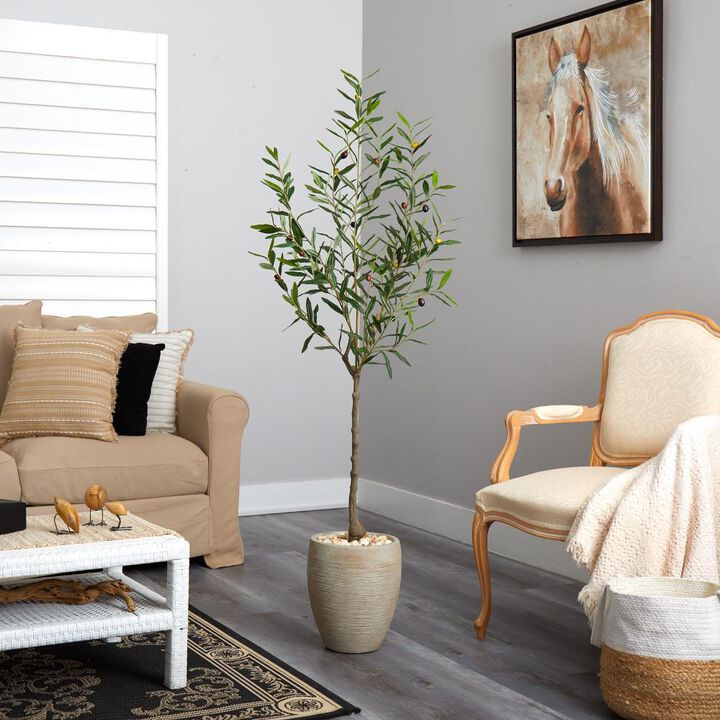 Hivvago 5.5 Feet Olive Artificial Tree in Sand Colored Planter