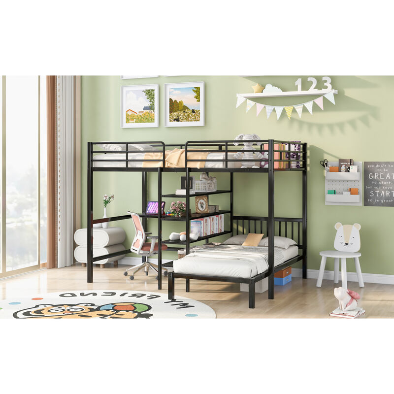 Full Over Twin Metal Bunk Bed With Built-In Desk, Shelves And Ladder