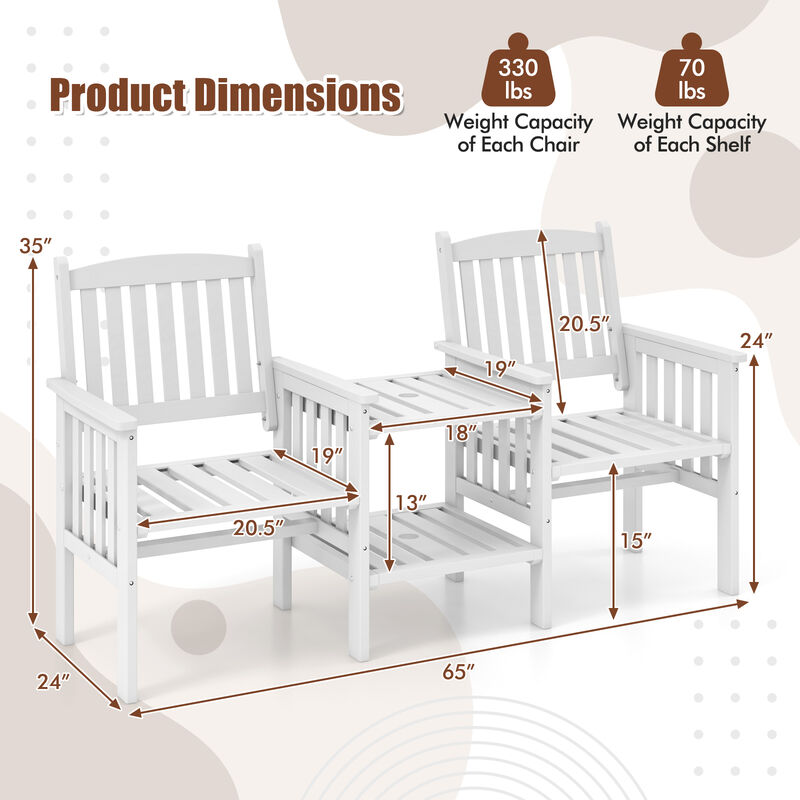 Outdoor Fir Wood Loveseat with 2-Tier Side Table and Umbrella Hole