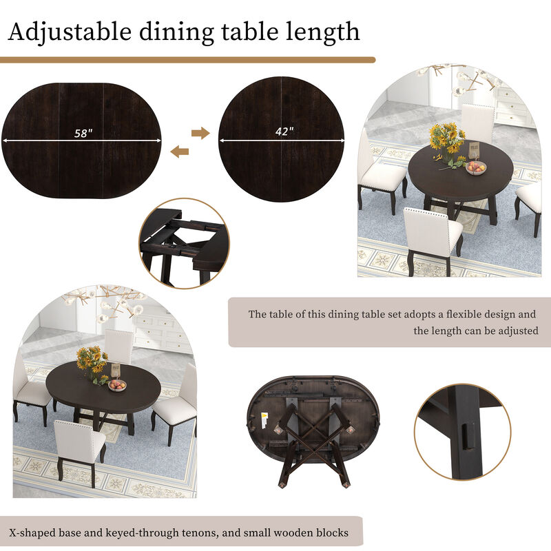 Round Extendable Dining Table, Farmhouse Wood Kitchen Table