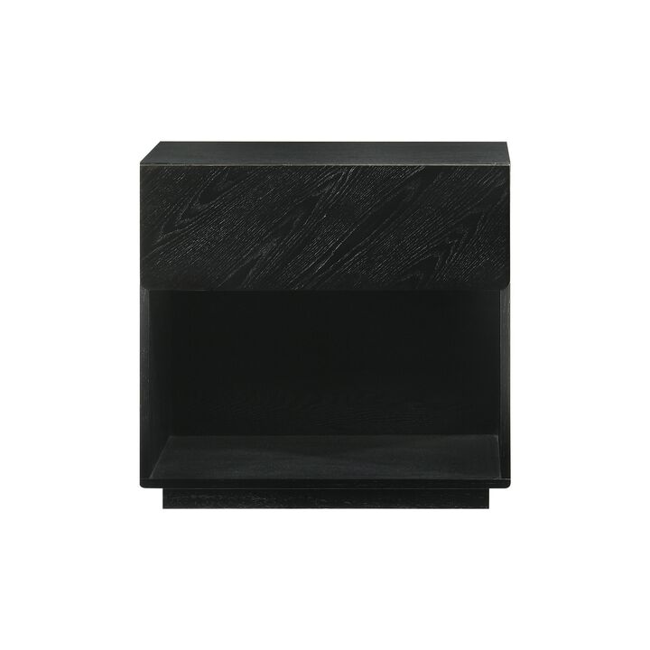 Saly 23 Inch Nightstand with Drawer, Diagonal Grain Wood Finish, Black  - Benzara