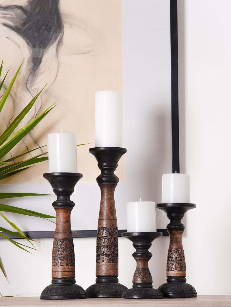 Traditional Black Wash Eco-friendly Handmade Mango Wood Set Of Four 6",9",12" & 15" Pillar Candle Holder