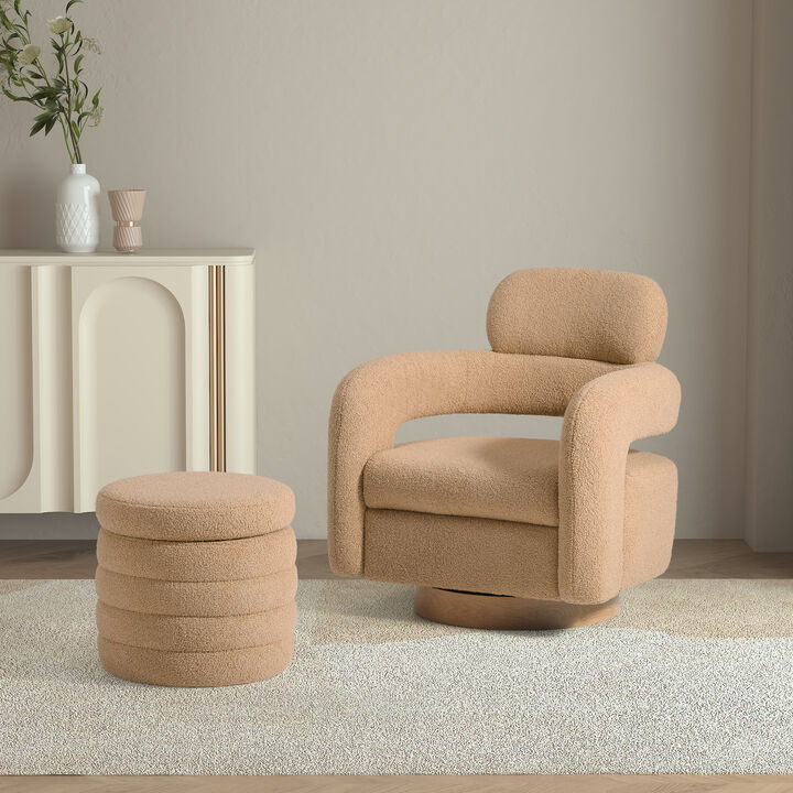WestinTrends Mid-Century Modern Sherpa Swivel Barrel Accent Chair With Storage Ottoman