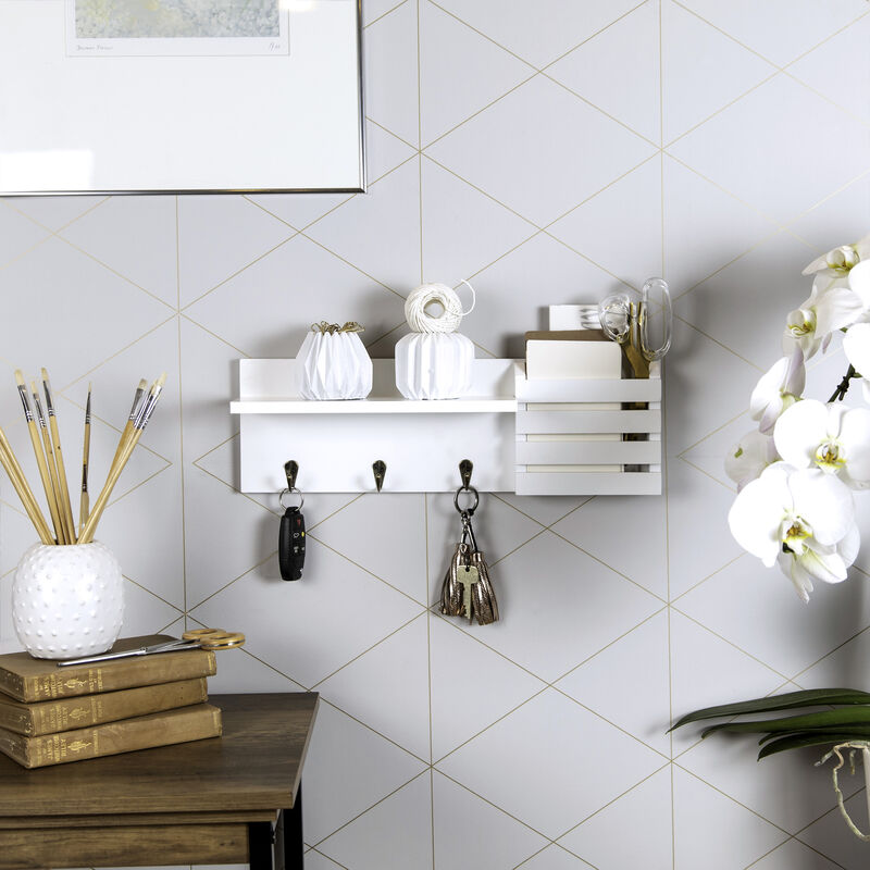 Mail and Key Wall Shelf Organizer with Pocket and Hanging Hooks