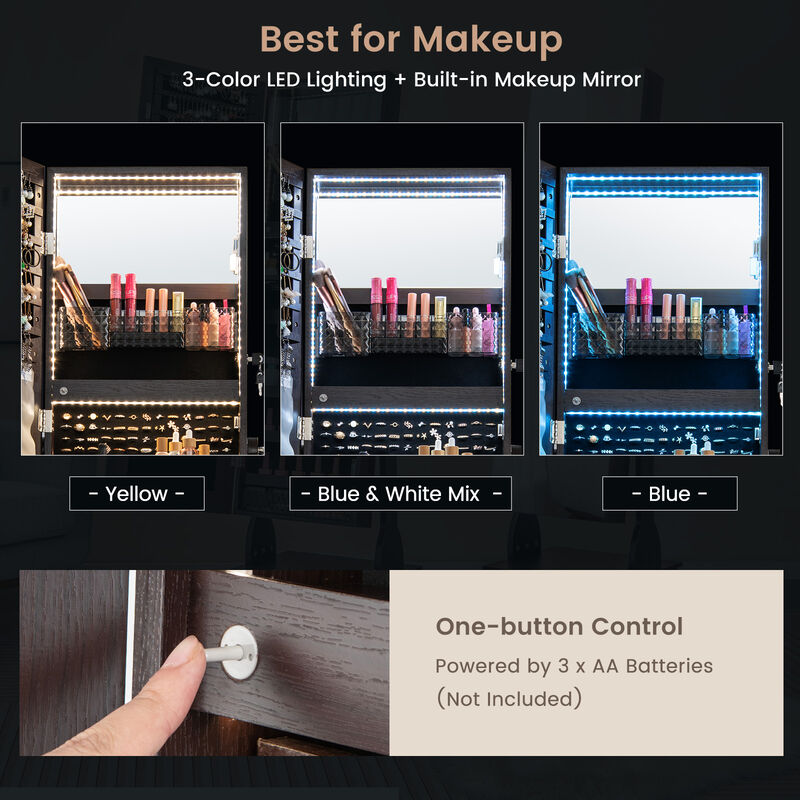 47 Inch Lockable Jewelry Cabinet Armoire with 3-Color LED Lights