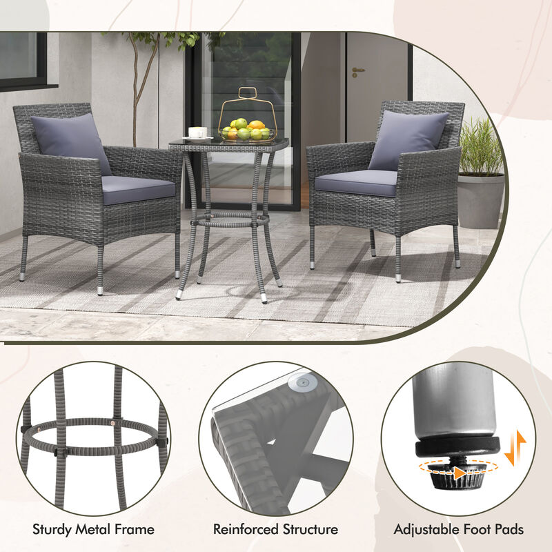 3 Pieces Patio Furniture Set with Cushioned Patio Chairs and Tempered Glass Coffee Table-Gray