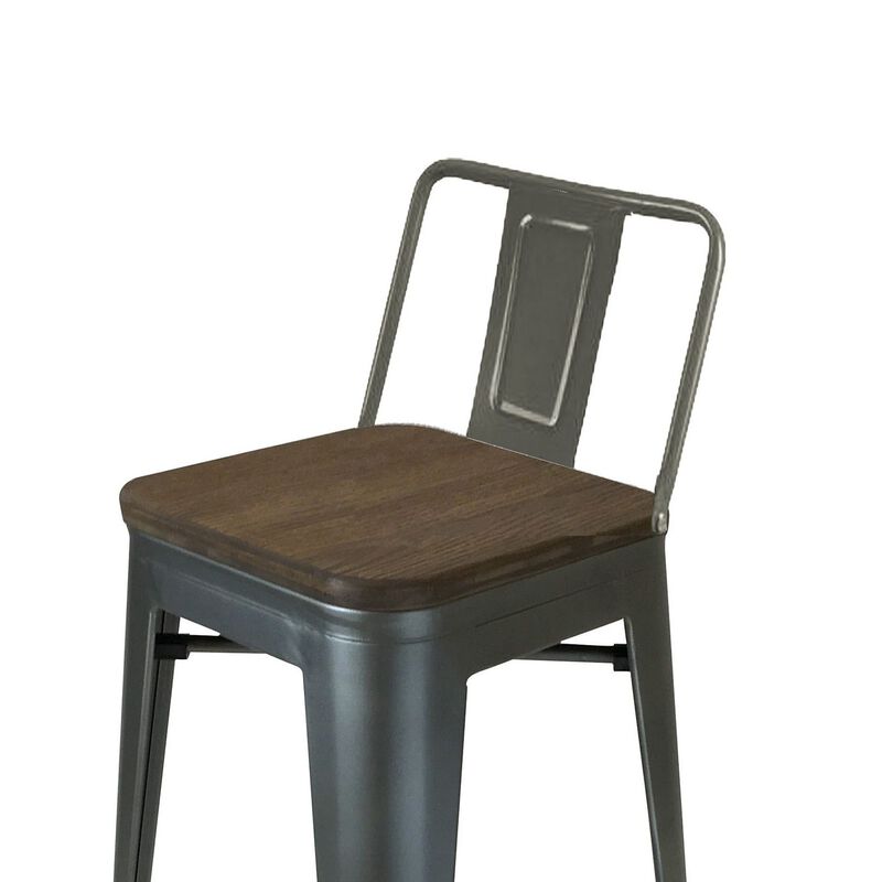 Trace 26 Inch Counter Stool Chair, Low Back, Wood Seat, Gray Metal Finish - Benzara
