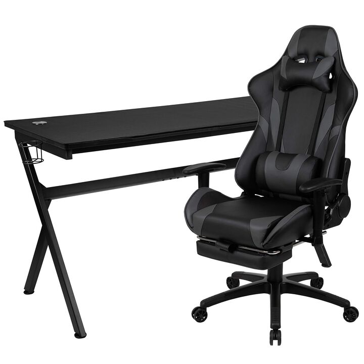 Flash Furniture Optis Gaming Desk and Gray Footrest Reclining Gaming Chair Set - Cup Holder/Headphone Hook/Removable Mouse Pad Top/Wire Management