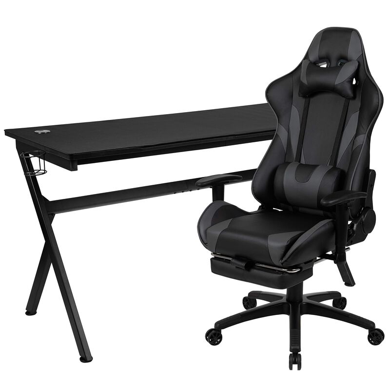 Flash Furniture Optis Gaming Desk and Gray Footrest Reclining Gaming Chair Set - Cup Holder/Headphone Hook/Removable Mouse Pad Top/Wire Management