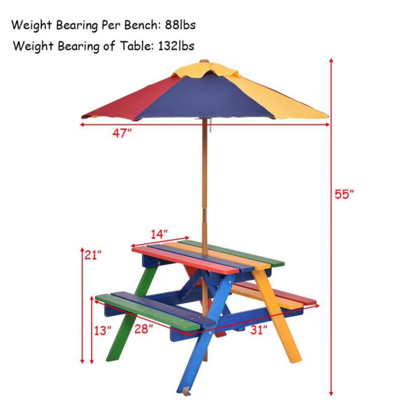 Hivvago Outdoor 4-Seat Kid's Picnic Table Bench with Umbrella