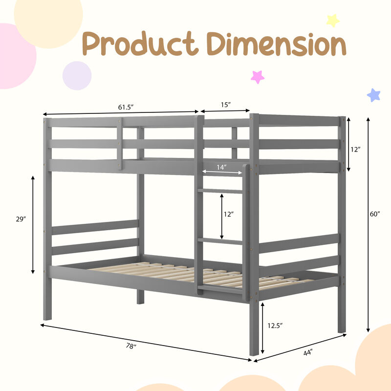 Twin Size Sturdy Wooden Bunk Beds with Ladder and Safety Rail-Grey