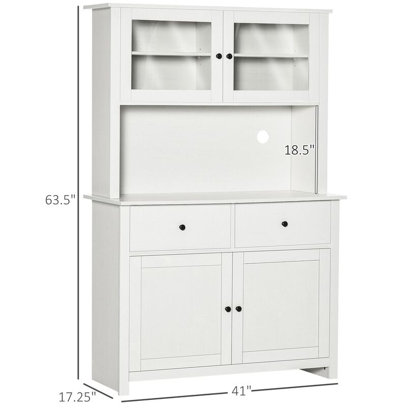 Antique White Kitchen Hutch: 63.5" Cabinet with Glass Doors & Microwave Space