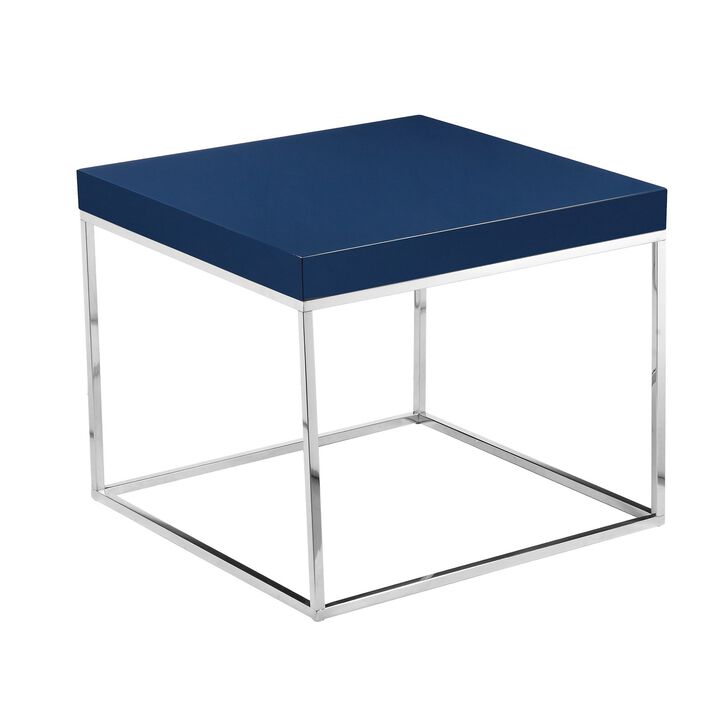 Zen 24 Inch Side End Table, Square, Polished Blue Top, Chrome Metal Finish - Benzara