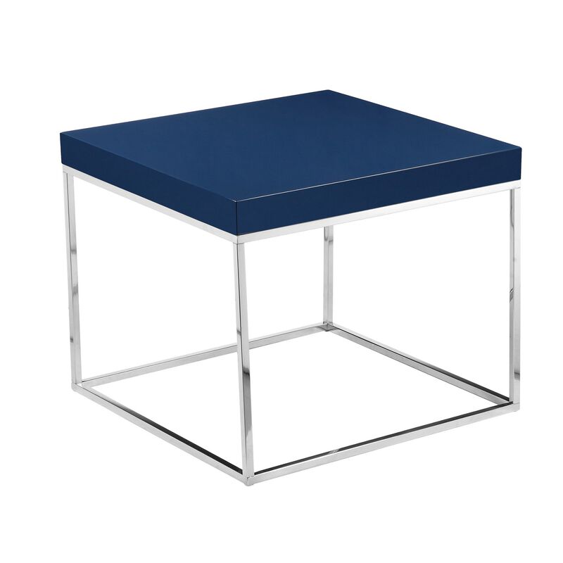 Zen 24 Inch Side End Table, Square, Polished Blue Top, Chrome Metal Finish - Benzara