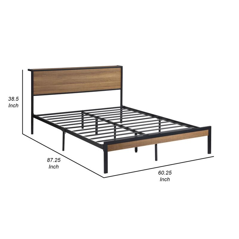 Rick Queen Size Platform Bed, MDF Panel Headboard, Brown, Black Metal - Benzara