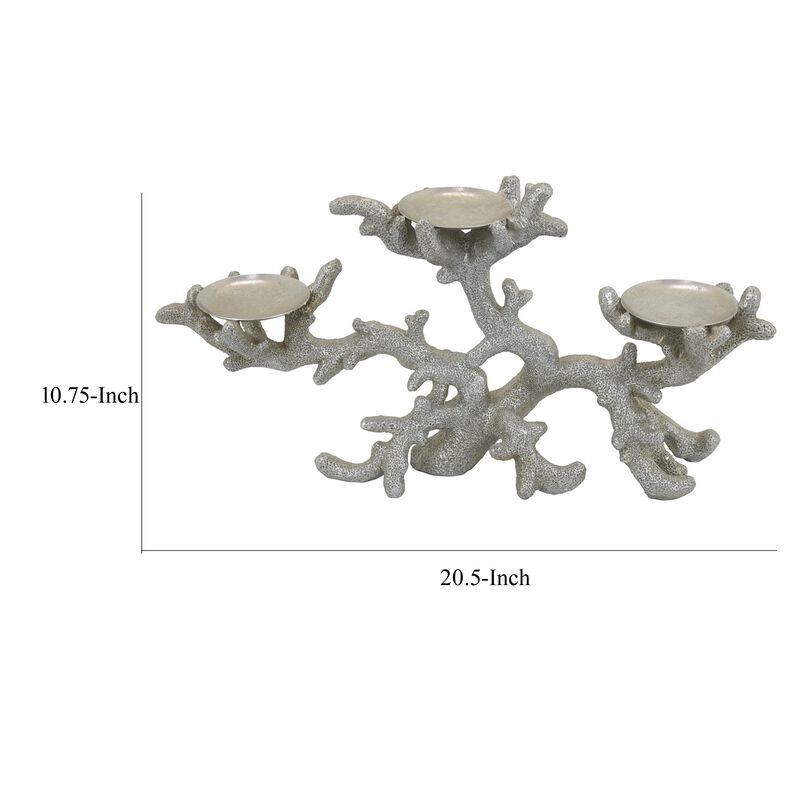 Coral Decor with 3 Round Candle Holders, Natural Silver Resin, 21 Inch - Benzara