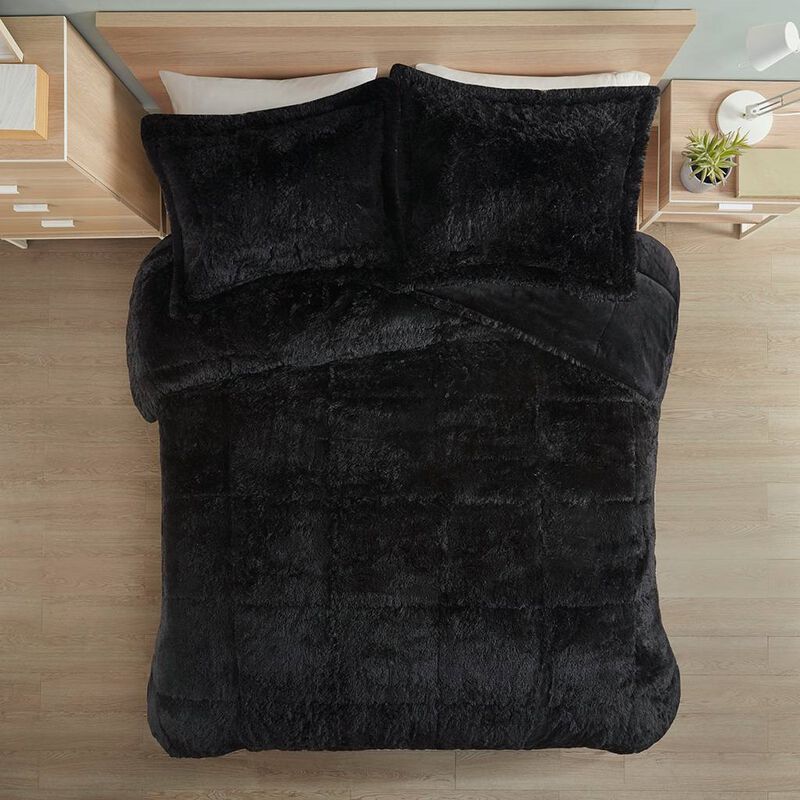 Hivvago Full/Queen Black Soft Sherpa Faux Fur 3 Piece Comforter Set with Pillow Shams