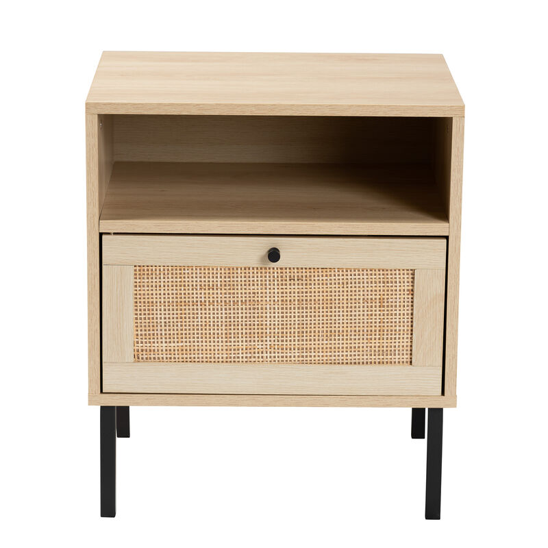 Baxton Studio Caterina Natural Brown Finished Wood and Natural Rattan 1 Door End Table