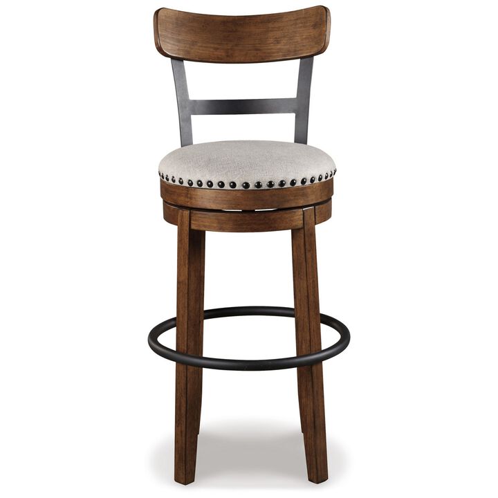 Zane 30 Inch Swivel Barstool, Round Cushioned Seat, Rich Brown Wood Frame-Benzara