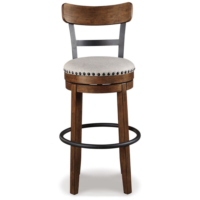 Zane 30 Inch Swivel Barstool, Round Cushioned Seat, Rich Brown Wood Frame-Benzara