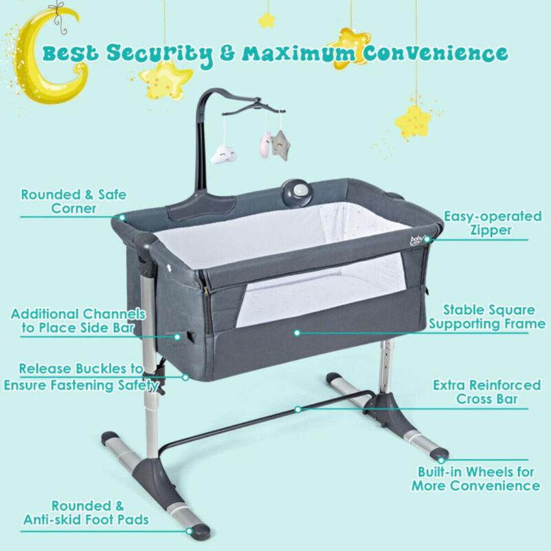 Hivvago Height Adjustable Baby Side Crib  with Music Box & Toys