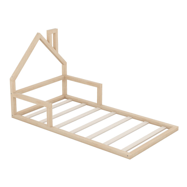 Merax Wood Floor Bed with House-shaped Headboard