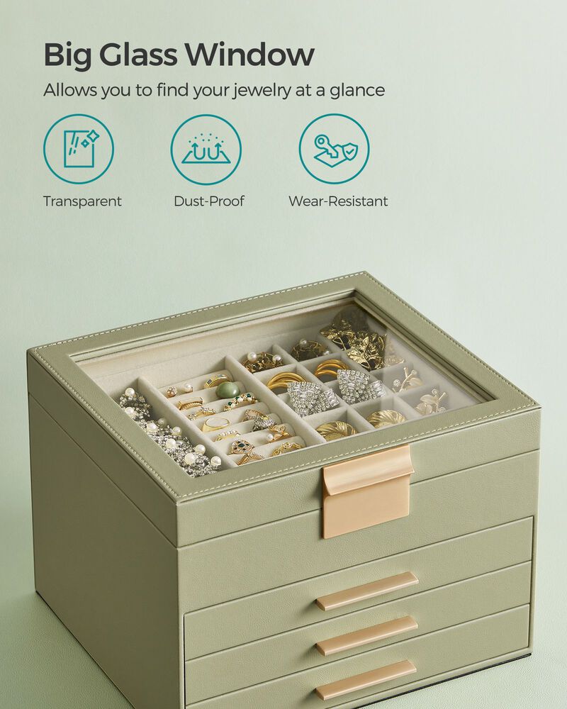 Elegant 4-Layer Jewelry Box with Glass Lid and 3 Drawers - Perfect Gift for Loved Ones