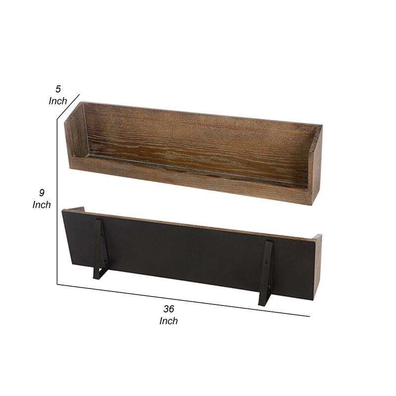 36 Inch Wine Rack Display Shelf Set of 2, Rectangular, Brown Wood, Black - Benzara