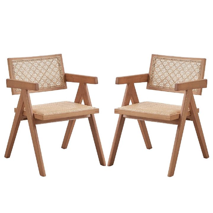 Tina 22 Inch Dining Armchair Set of 2, Woven Rattan, Natural Brown Wood - Benzara