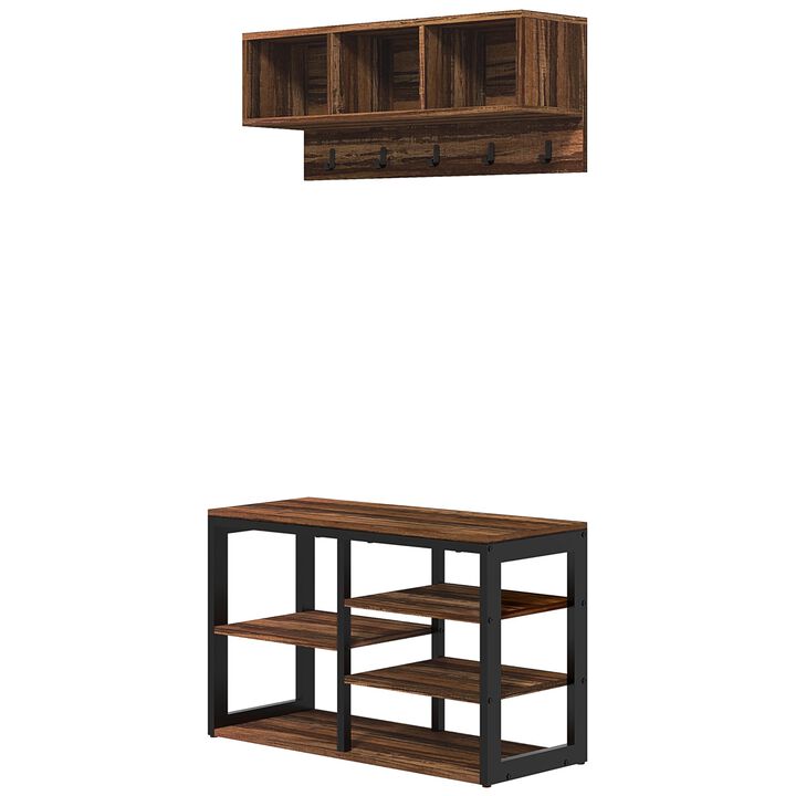 Brown Entryway Coat Rack: 5-Hook, Shoe Bench, 10-Pair Capacity