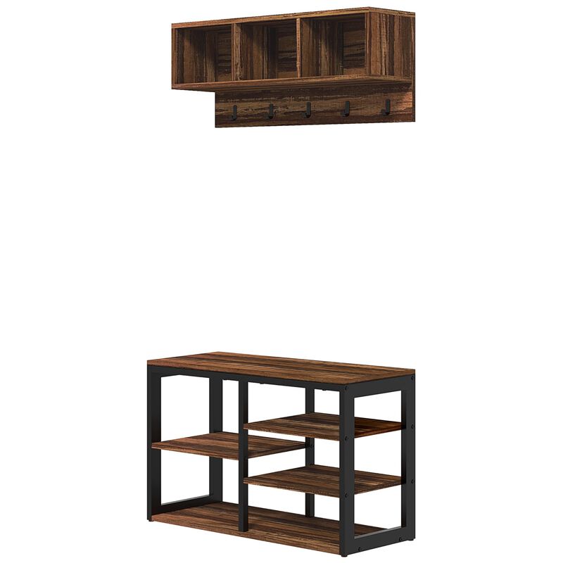Brown Entryway Coat Rack: 5-Hook, Shoe Bench, 10-Pair Capacity
