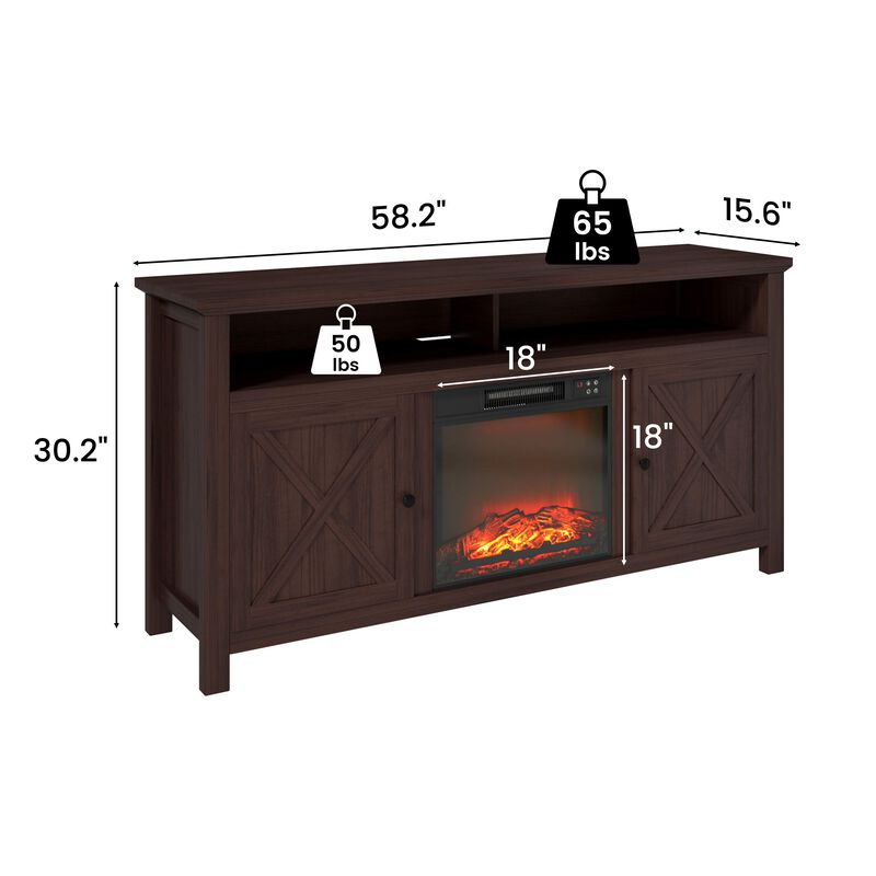Mondawe 58.23-in W Brown TV Stand with Fan-forced Flat Wall Electric Fireplace with Remote Control Included