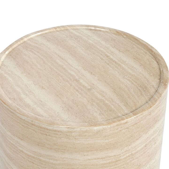 Kiva Outdoor End Table with Plinth Style Base, Beige Concrete 18 Inch - Benzara