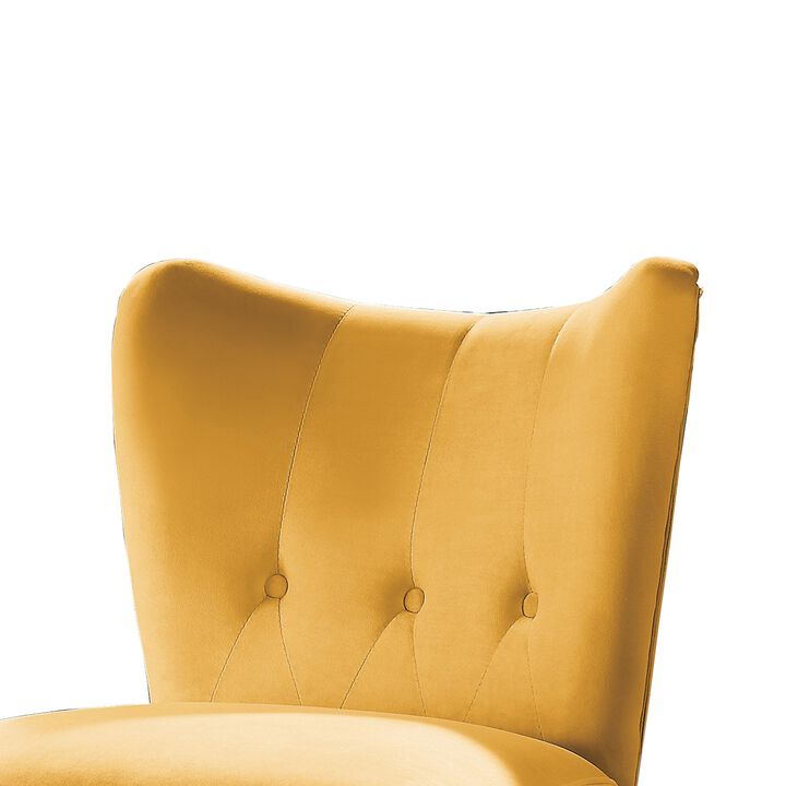 Upholstered Armless Accent Chair with Flared Back and Button Tufting, Yellow-Benzara