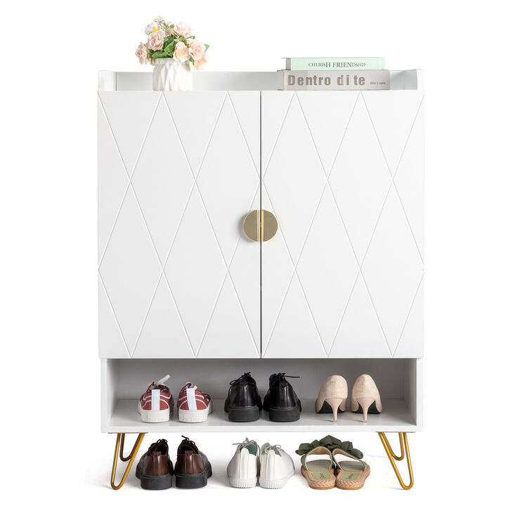 Double Door Shoe Cabinet with V-Cut Carved Panels & Top Baffle for Stylish Storage