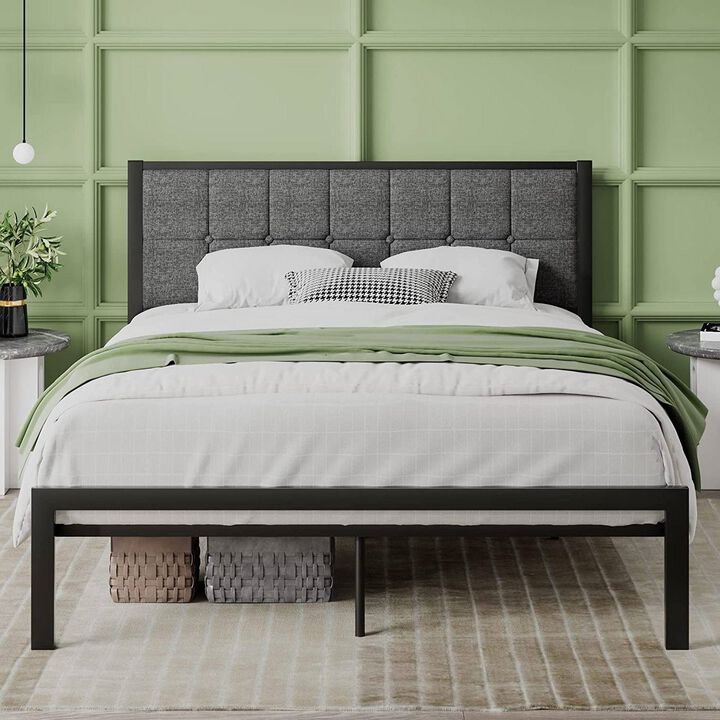 QuikFurn Full Metal Platform Bed Frame with Gray Button Tufted Upholstered Headboard