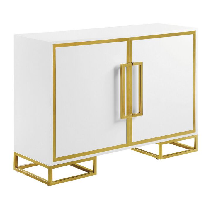 48 Inch Wood Accent Cabinet with 2 Doors and Square Open Base, White, Gold-Benzara