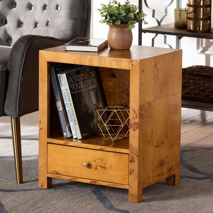 bali & pari Camira Modern and Contemporary Natural Light Mappa Burl Wood 1 Drawer Nightstand