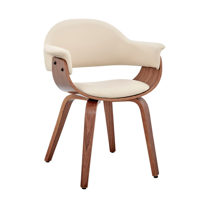 Leatherette Dining Chair with Curved Seat, Cream and Brown - Benzara