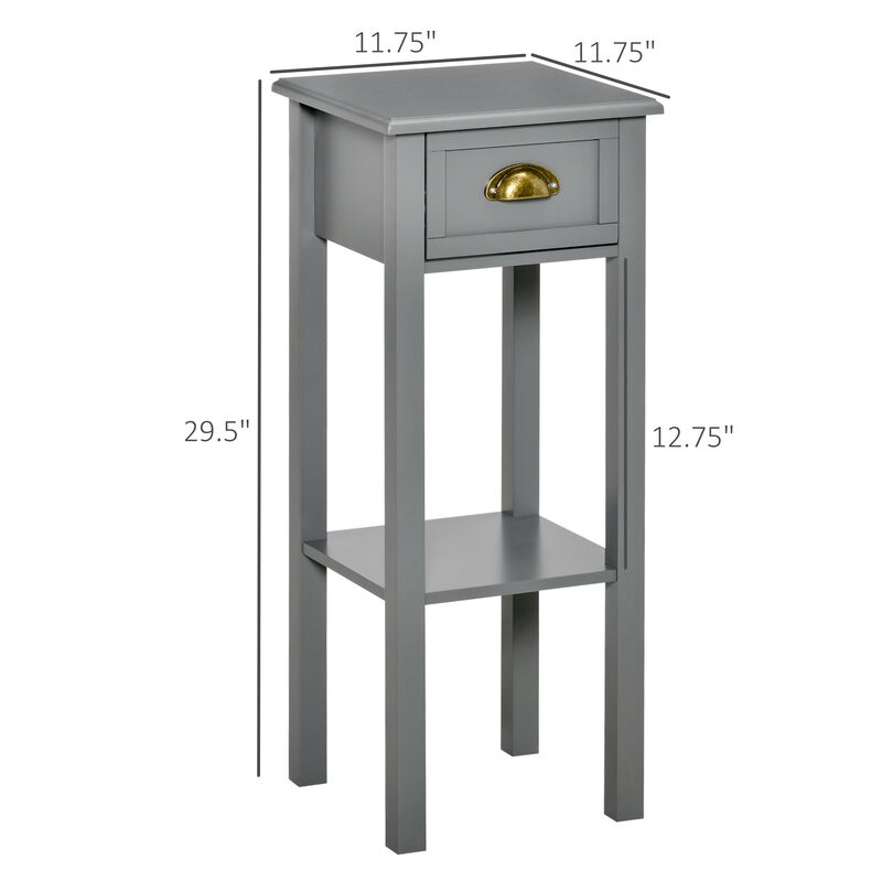 Gray Narrow Nightstand: 2-Tier Tall Side Table with Drawer and Shelf