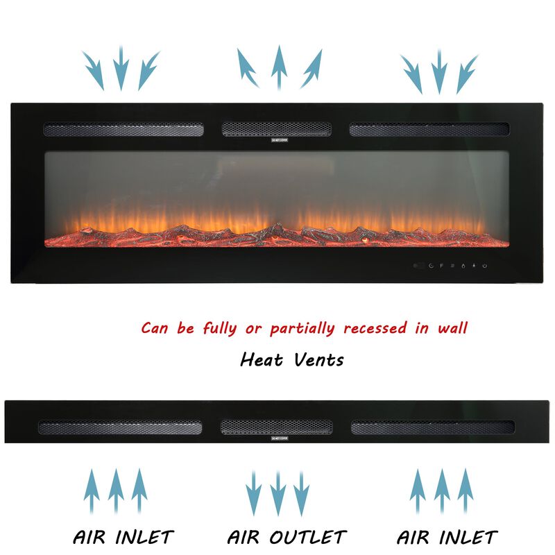 Black 50 in. Wall-Mounted Electric Fireplace with Logs & Crystals, Remote 1500/750W