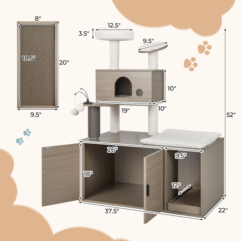 2-in-1 Modern Cat Tower with Litter Box Enclosure for Indoor Cars-Gray