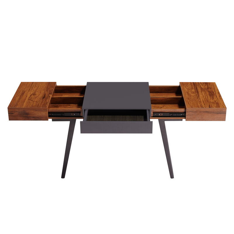 Writing Desk - Dual Side & Pull-Out Front Drawer - Coated Grey Steel Frame - Mahogany
