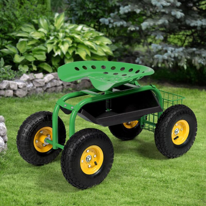 Hivvago Red/Green Garden Cart Rolling Work Seat With Heavy Duty Tool Tray Gardening Planting