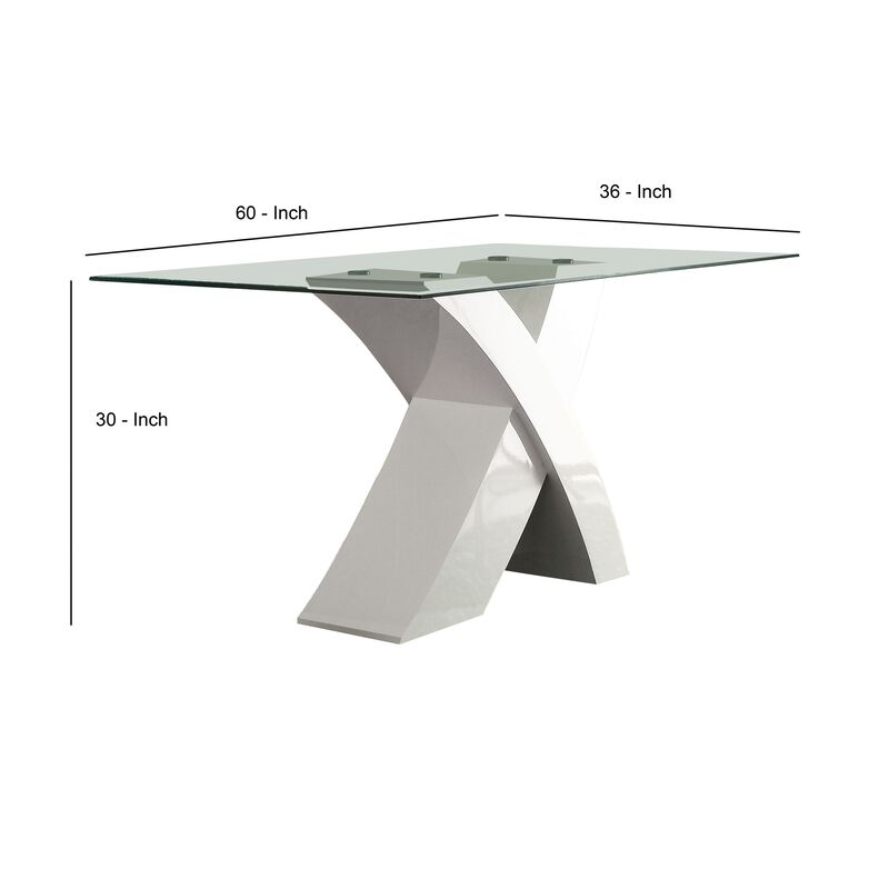 Glass Top Dining Table With X Shape Wooden Base, White and Clear-Benzara