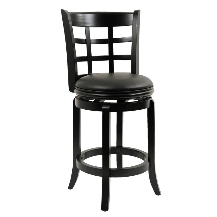 Sabi 24 inch Swivel Counter Stool, Solid Wood, Faux Leather, Brown, Black-Benzara